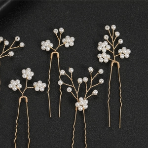 Set di 5 forcine per capelli da sposa con eleganti perle bianche e rami dorati