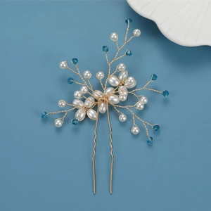 Épingle à cheveux mariée en U avec cristaux bleus et perles blanches style branche