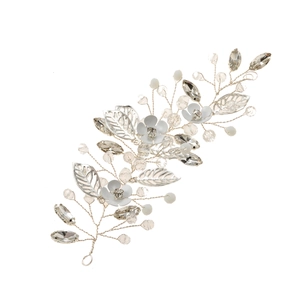 Silver bridal hair accessory with white flowers, pearls, crystals and metallic leaves