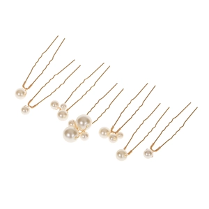 Set of 7 gold bridal U-shaped hair pins with handmade pearl bead clusters for wedding hairstyles