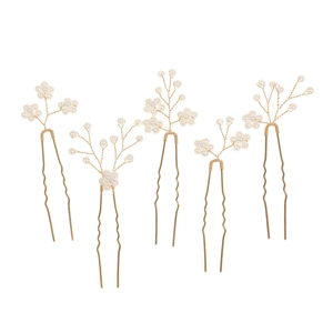Set da 5 forcine per capelli da sposa con rami dorati e perline bianche lucide