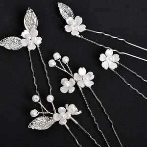 Lot de 5 épingles à cheveux de mariée argentées avec fleurs blanches et perles
