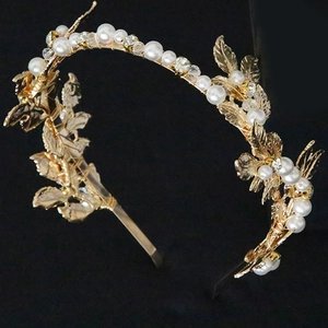 Golden baroque leaf headband with white pearls and sparkling rhinestones for weddings