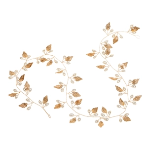 Exquisite bridal hair vine with golden metal leaves and white faux pearls for wedding styling