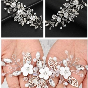 Elegant bridal hair piece with silver leaves, white flowers, pearls and crystal beads