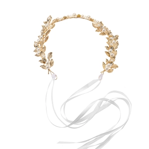 Bandeau de mariée doré avec feuilles métalliques, perles et ruban pour mariage