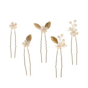 Lot de 5 épingles à cheveux de mariée dorées avec trèfles blancs et perles pour coiffures
