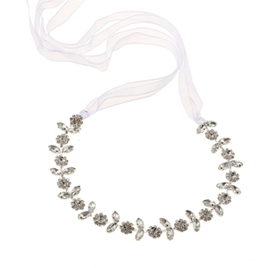Silver bridal hair vine with sparkling rhinestones and leaf crystals on white organza ribbon