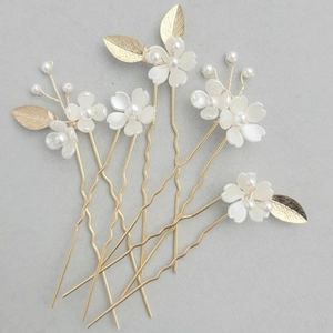 Détails de 6 épingles à cheveux de mariée dorées avec fleurs et perles nacrées