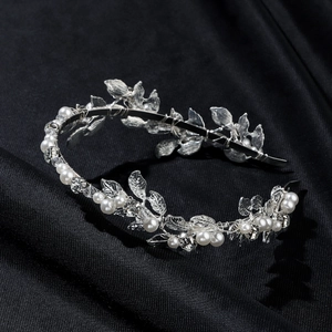 Elegant bridal baroque hair vine with silver leaves and white pearls on black silk