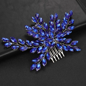 Elegant silver hair comb with royal blue marquise crystal floral design on black leather