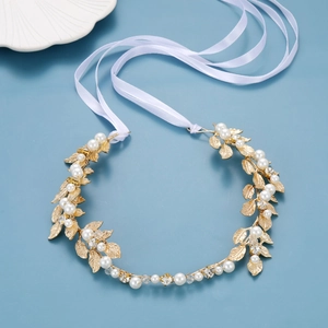 Serre-tête de Mariage Feuille d'Or Künstliche Perle Élégant Bandeau Strass Avec Ruban de Satin Blanc Pour Femmes Accessoires Cheveux Fête