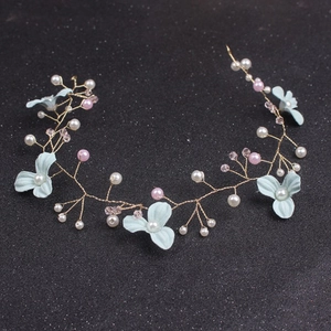 Handgefertigt Braut Haar Vine Gold Metalldraht Grün Stoff Blume Imitationsperle Kristall Künstliche Perlen Stirnband Hochzeit Haarschmuck