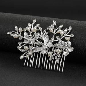 Elegant butterfly and flower bridal hair comb with silver rhinestones and pearls