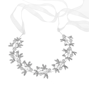 Serre-tête de mariée argenté avec feuilles, perles et rubans de soie blancs