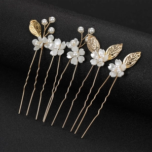 Lot de 5 épingles à cheveux de mariée avec feuilles dorées, fleurs blanches et perles