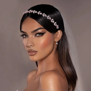 Elegant rhinestone leaf bridal headband and earrings set in rose gold finish