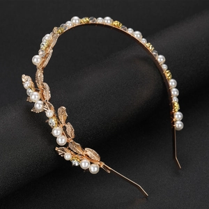 Golden Baroque leaf headband with white pearls and sparkling crystals for bridal wedding