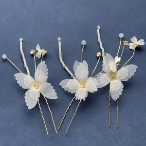 Bridal White Organza Flower Hairpin Set U-Shaped Alloy Rhinestone Artificial Pearl Hair Stick Wedding Handmade Headwear For Women