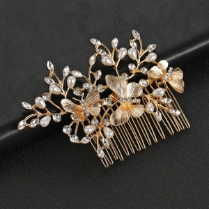 Elegant gold alloy butterfly hair comb with white pearls and sparkling rhinestones for bridal hair