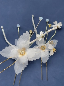 White organza flower hair pins set with gold beads and crystals for bridal wedding hair