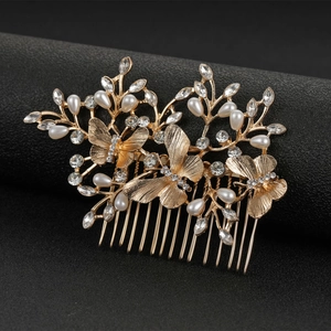 Alloy Butterfly Rhinestone Hair Comb With Faux Artificial Pearl Elegant Bridal Wedding Hair Accessories For Women Gold Silver