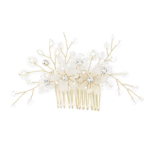 Handmade gold bridal hair combs with white matte flowers, pearls and crystal beads