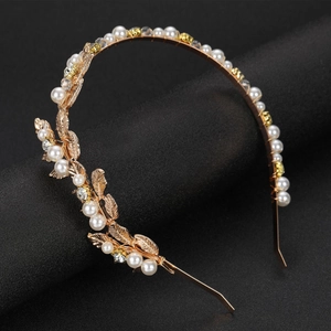 Golden Baroque leaf headband with white pearls and rhinestones for bridal wedding hair