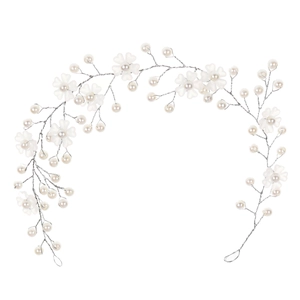 Handgefertigte Braut-Haarranke mit weißen Blumen und Perlen auf Silberdraht für Hochzeiten