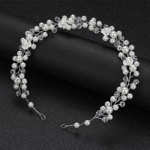 Bandeau de mariée fait main avec perles nacrées et fleurs en cristal sur fil d'argent