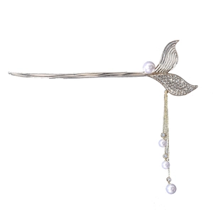 Elegant gold mermaid tail hair pin with long pearl tassels and crystal accents