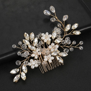 Exquisite bridal hair comb with gold wire, white pearls and sparkling clear crystals
