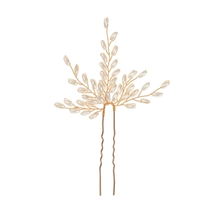 Épingle à cheveux de mariée avec branches dorées faites main et perles blanches sur blanc