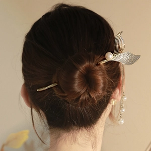 Mermaid Tail Tassel Hair Stick With Faux Artificial Pearl Rhinestone Elegant Alloy Hair Fork Chinese Style Bun Hairpin For Women Gift
