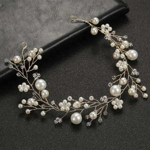 Elegant handmade bridal hair vine with white pearls and crystals on gold wire base