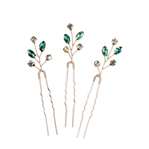 Lot de 3 épingles à cheveux de mariée en forme de U avec cristaux verts et dorés
