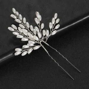 Épingle à cheveux mariée en U argentée avec perles et design de blé artisanal