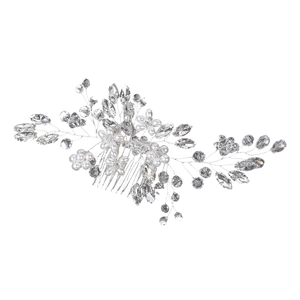 Detailed view of bridal hair comb featuring silver wire with pearls and crystals