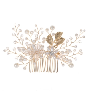 Gold leaf bridal hair comb with pearls and crystals for wedding hairstyles