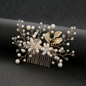 Exquisite bridal hair comb with golden leaves, white pearls and sparkling crystals