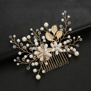Handmade gold leaf hair comb with white pearls and crystals for bridal wedding headpieces