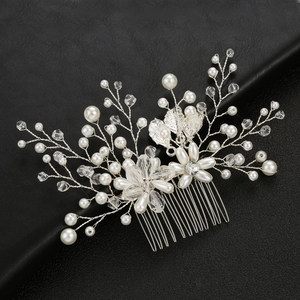 Silver leaf bridal hair comb with handmade pearls and crystals on black leather