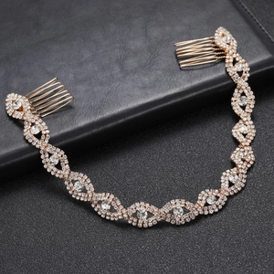 Elegant rose gold bridal headband with crystal rhinestones and dual side hair combs