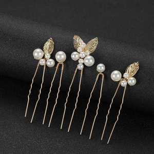 Lot de 5 épingles à cheveux dorées en forme de U avec perles et feuilles élégantes