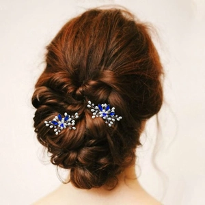 Blue crystal and pearl U-shaped hair pins with silver wire floral design for brides