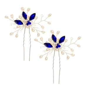 U-shaped bridal hair pins with blue marquise crystals and white faux pearls in silver