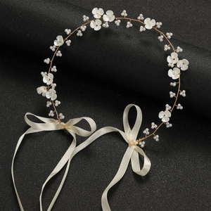 Handgefertigtes Muschel Blume Künstliche Perlen Braut Haarband Mit Satinband Gold Silber Metalldraht Gewebt Hochzeit Party Haarschmuck