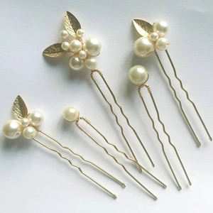 Épingles à Cheveux en Forme de U Vintage avec Feuille d'Or et Faux Künstliche Perles Accessoires de Mariage Élégants Faits à la Main
