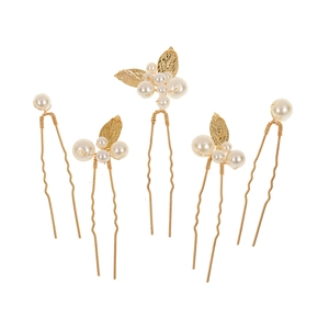 Lot de 5 épingles à cheveux dorées avec perles et feuilles pour coiffure élégante