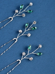 Lot de trois épingles à cheveux de mariée avec cristaux vert émeraude et strass fins